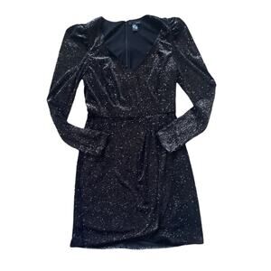 Womens Velvet Glittery V neck Puff Sleeve Mini Dress Aqua Size small Cocktail